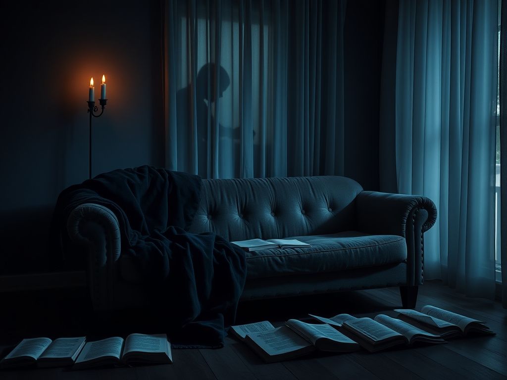 Flick International A dimly lit therapy room with a worn-out couch and flickering candle creating an intimate atmosphere