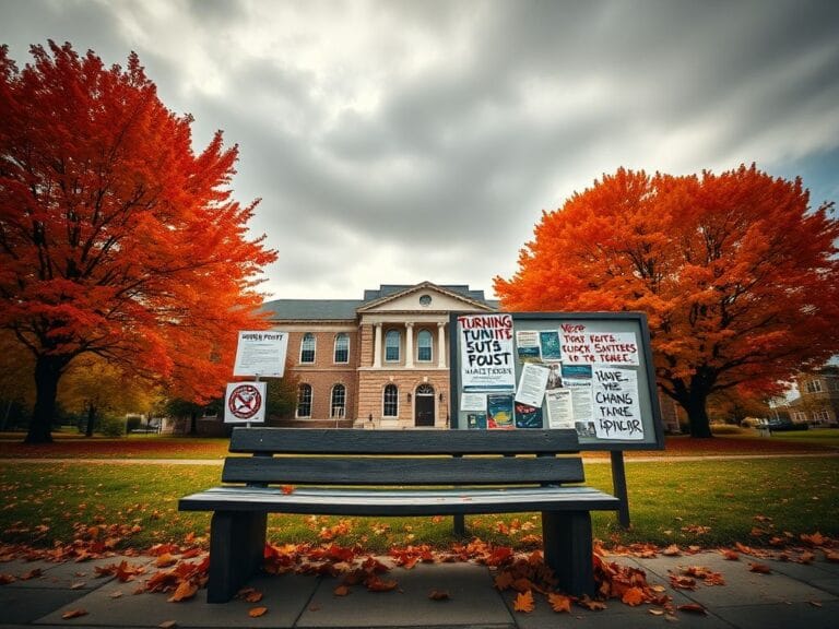 Flick International Autumn scene at Beloit College with empty bench and vibrant fall colors