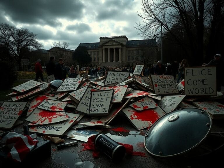 Flick International Chaotic urban scene near UC Berkeley with torn protest signs and dark clouds