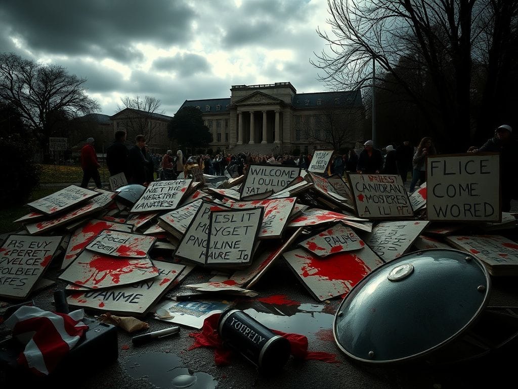 Flick International Chaotic urban scene near UC Berkeley with torn protest signs and dark clouds