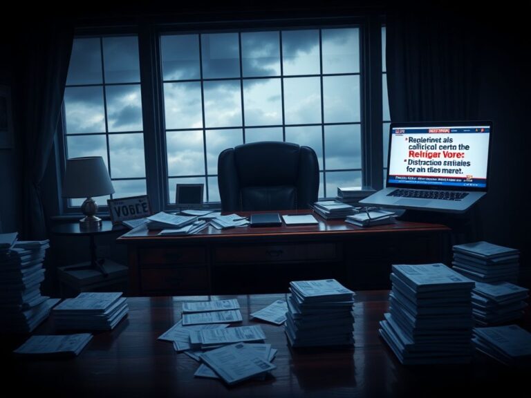 Flick International dimly lit office with a large wooden desk scattered with campaign materials representing political climate
