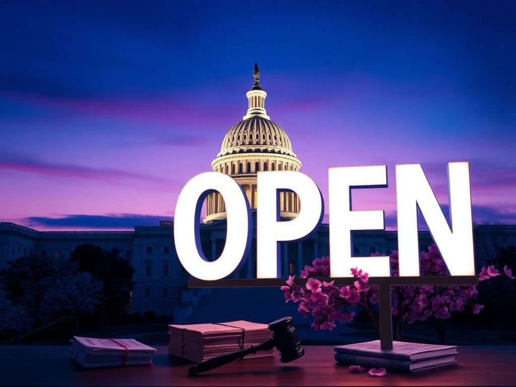 Flick International Conceptual image of the U.S. Capitol building at twilight with an illuminated 'OPEN' sign and cherry blossoms.