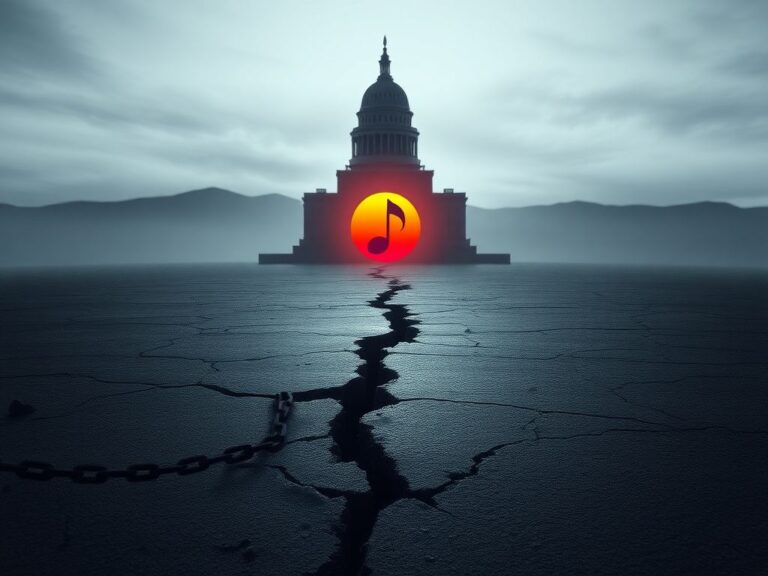 Flick International A digital artwork showcasing a desolate landscape symbolizing division and displacement with broken chains and a foreboding government building silhouette