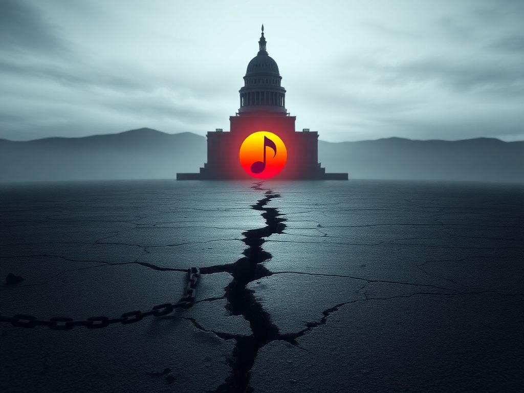 Flick International A digital artwork showcasing a desolate landscape symbolizing division and displacement with broken chains and a foreboding government building silhouette