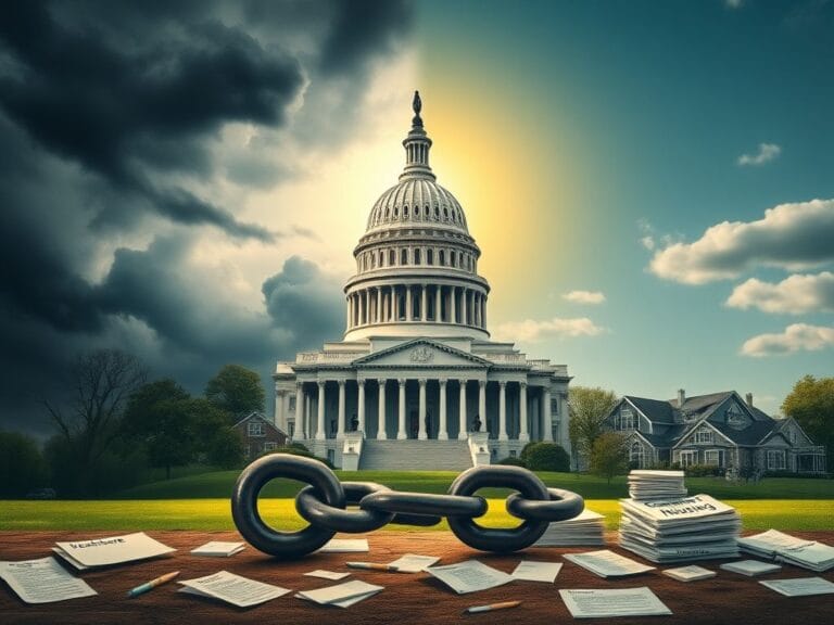 Flick International A split scene showing the Capitol dome with stormy clouds contrasted against a sunny community, symbolizing political conflict and its impact on everyday life.