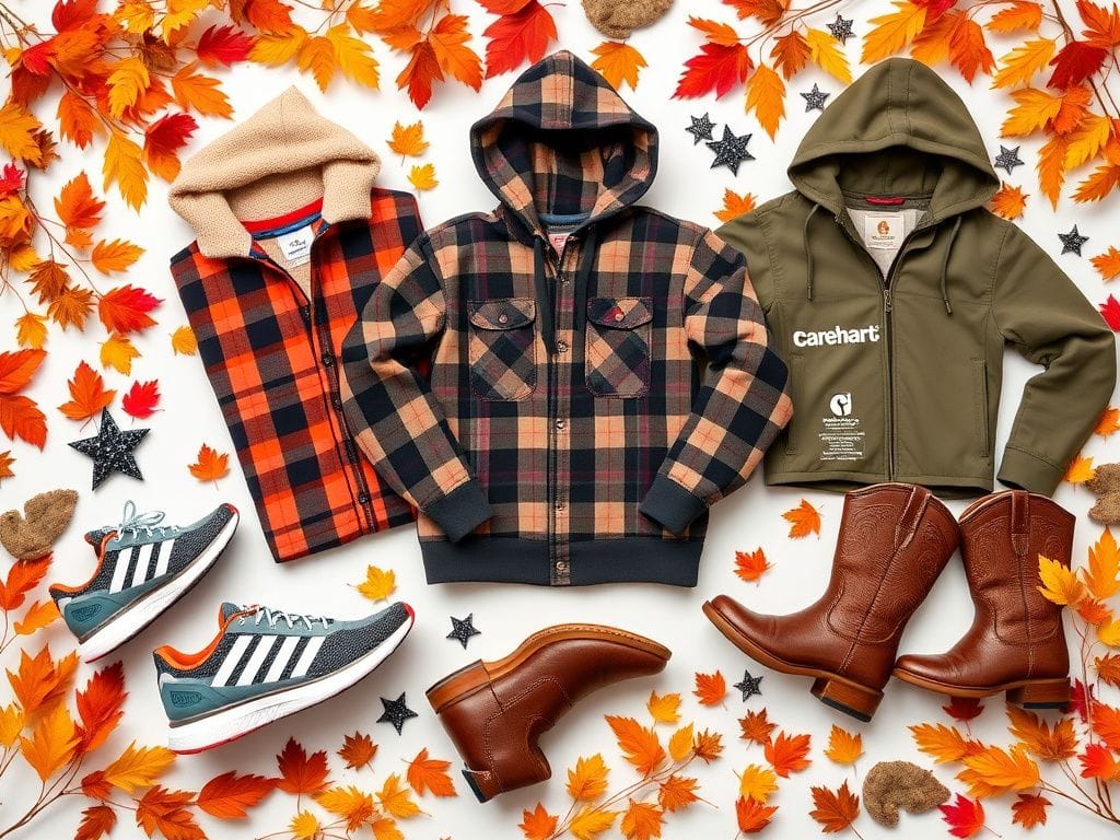 Flick International A vibrant flat lay of Veteran's Day products including stylish running shoes, a cozy hoodie, a rugged flannel shirt jacket, and classic western boots surrounded by autumn leaves and decorative elements.