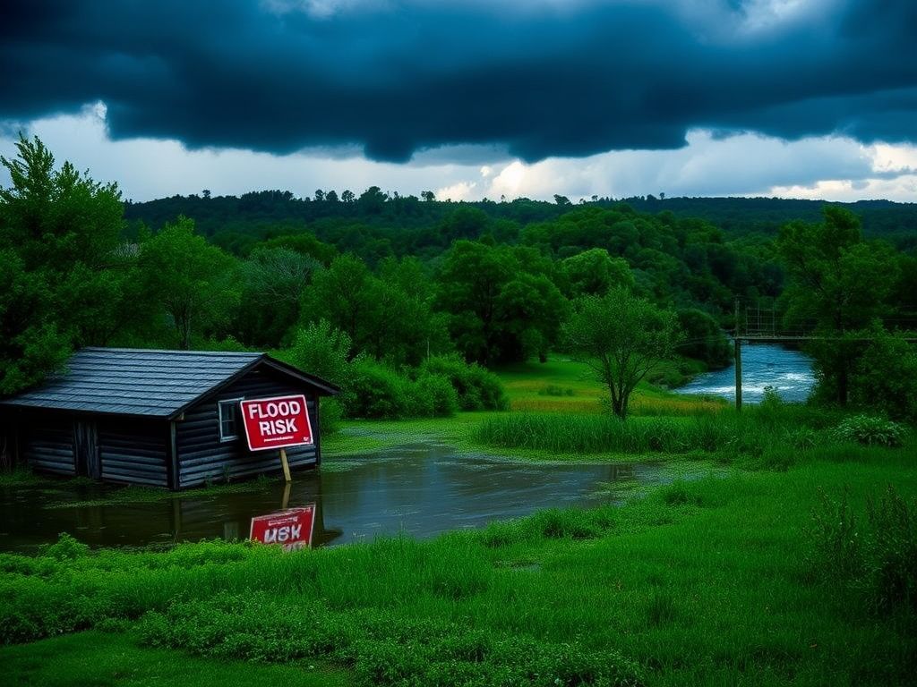 Flick International Lush green landscape of Camp Mystic with low-lying cabins partially submerged in flood water