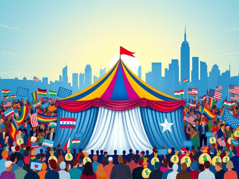Flick International A vibrant political montage symbolizing the Democratic Party's diversity under a colorful tent