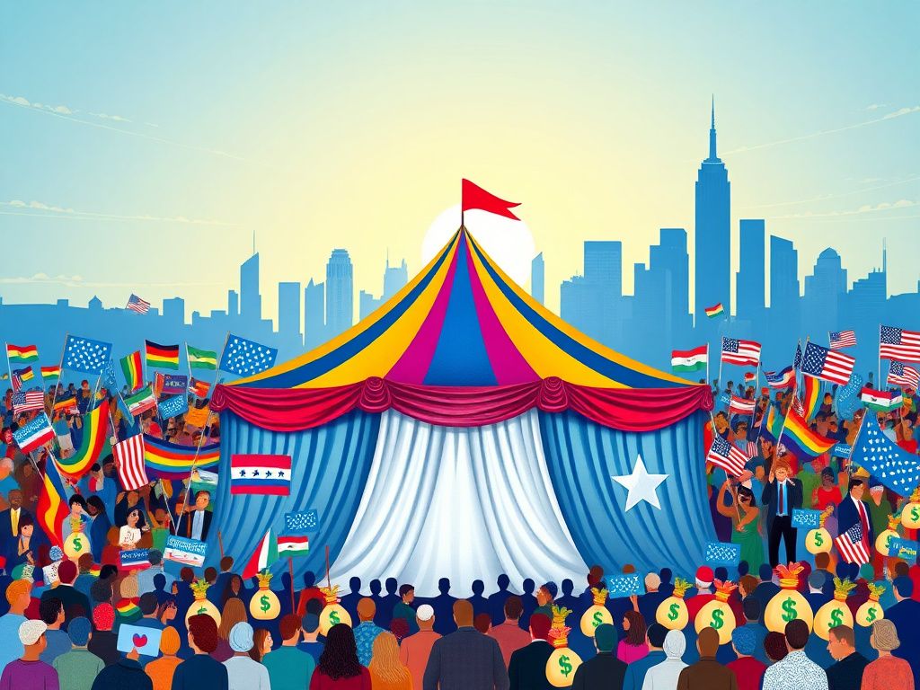 Flick International A vibrant political montage symbolizing the Democratic Party's diversity under a colorful tent