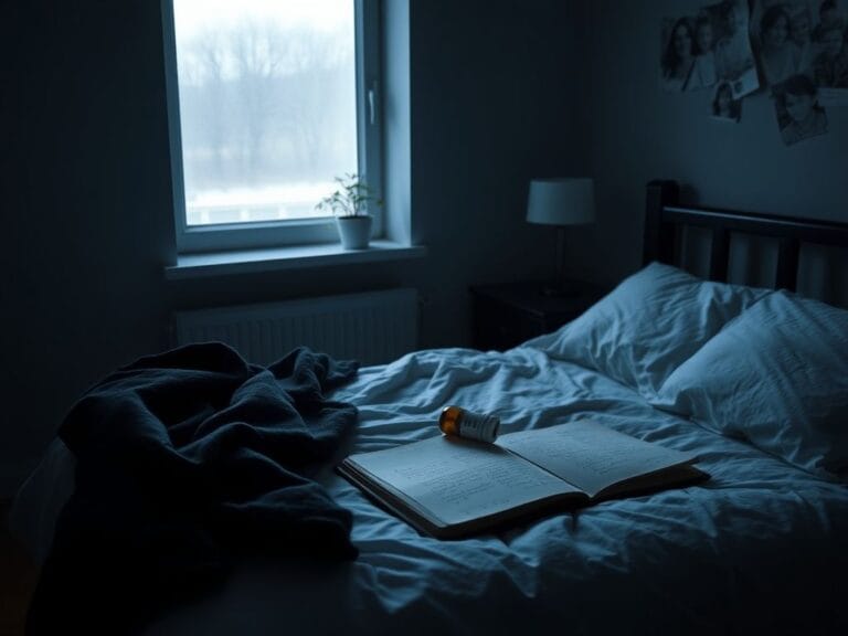 Flick International Dimly lit bedroom with an unmade bed and overturned pill bottle, symbolizing depression and struggle.