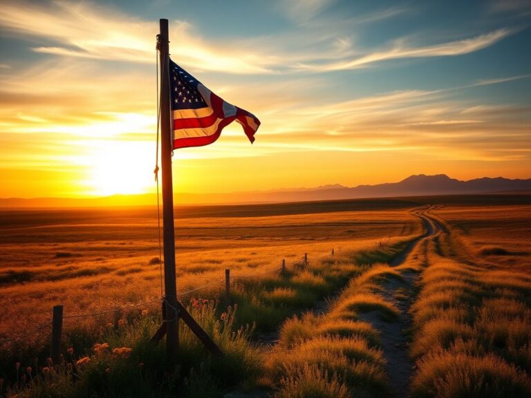 Flick International A weathered wooden flagpole with a tattered American flag at sunset in a serene landscape