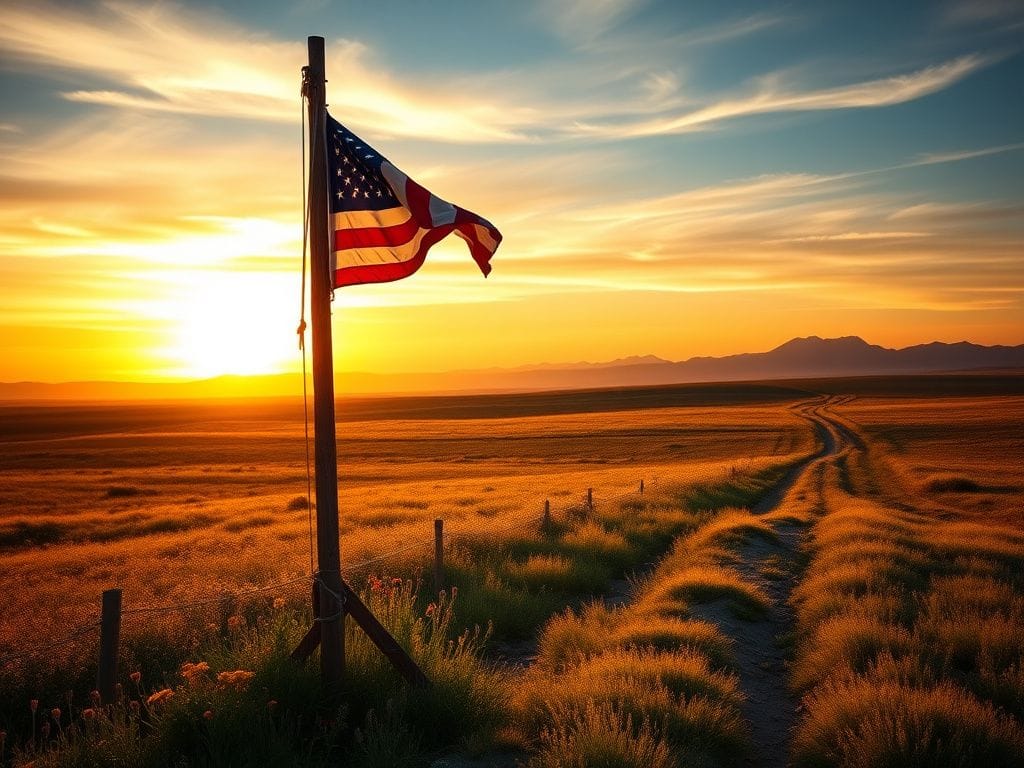 Flick International A weathered wooden flagpole with a tattered American flag at sunset in a serene landscape