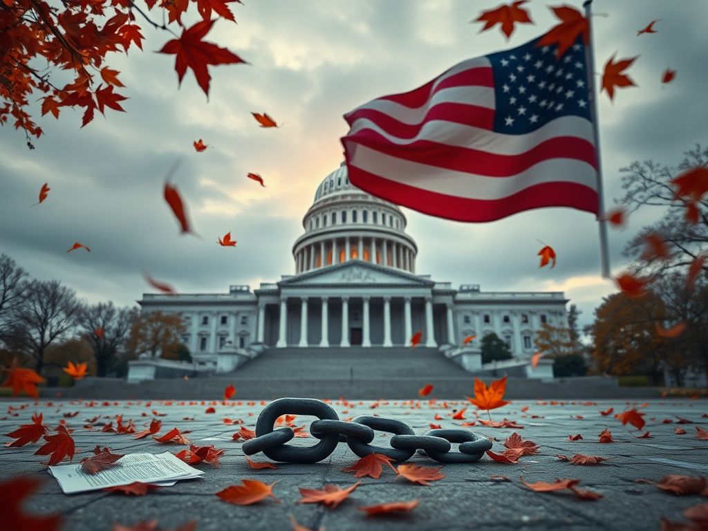 Flick International Dramatic scene of the Capitol building under an overcast sky with a broken chain on the steps
