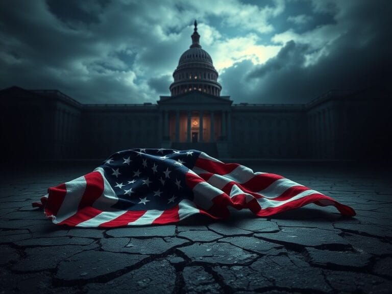 Flick International A torn American flag on cracked ground symbolizes political strife during government shutdown