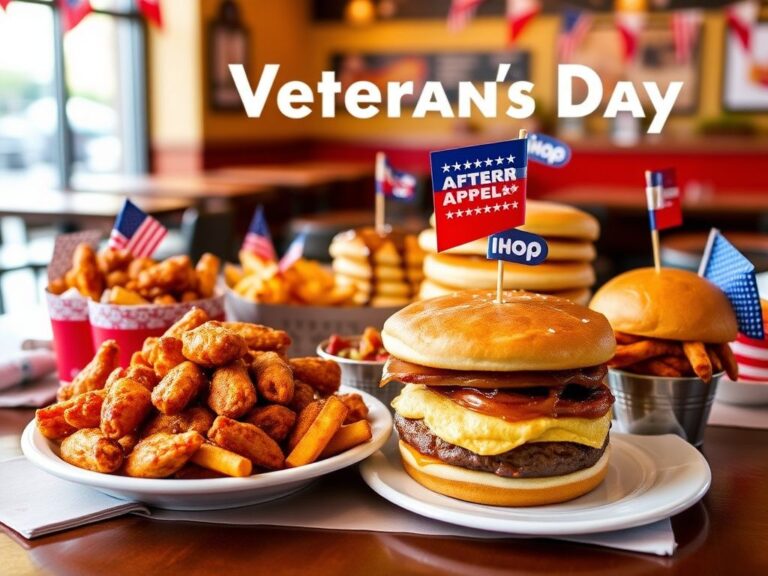 Flick International Vibrant table setting with Veterans Day meal offerings including Applebee's wings, IHOP pancakes, and Shake Shack burger
