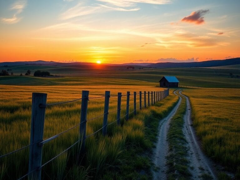 Flick International Serene rural landscape at sunset with lush fields and a rustic barn