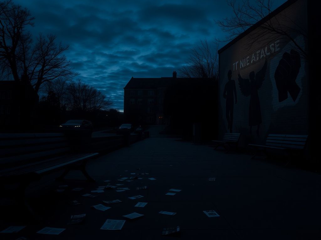 Flick International Dimly lit university campus at dusk with empty benches and scattered leaflets, representing feelings of fear among Jewish students after Mamdani's mayoral win.