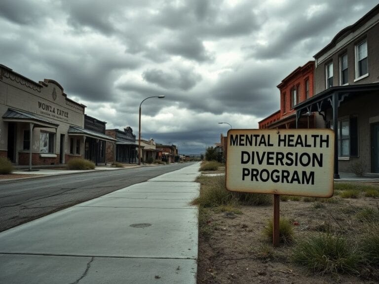 Flick International A desolate California town showcasing neglected buildings and a faded sign regarding mental health diversion.