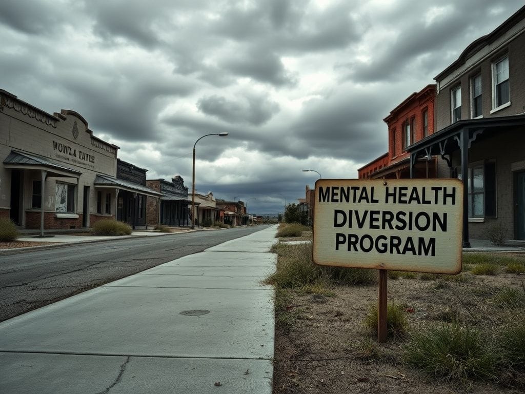 Flick International A desolate California town showcasing neglected buildings and a faded sign regarding mental health diversion.