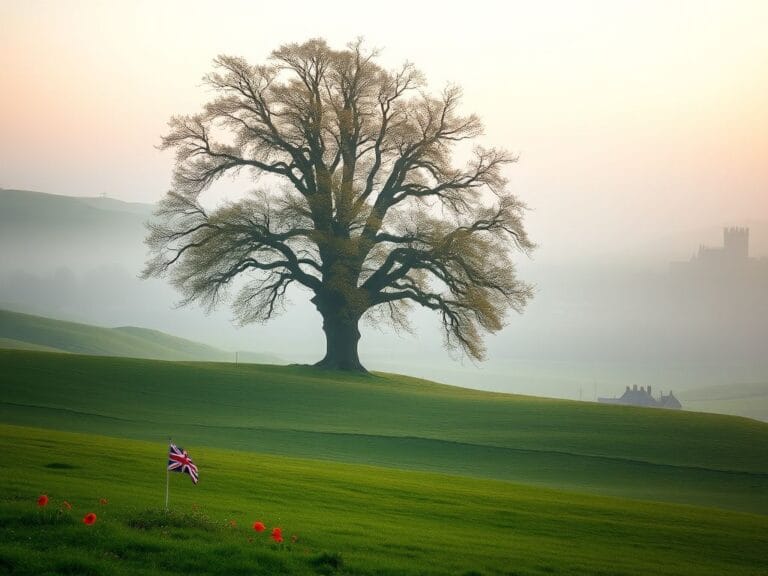 Flick International Misty British countryside at dawn with an ancient oak tree
