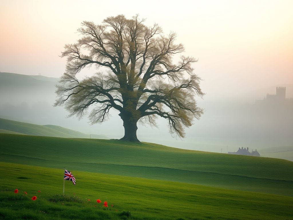 Flick International Misty British countryside at dawn with an ancient oak tree
