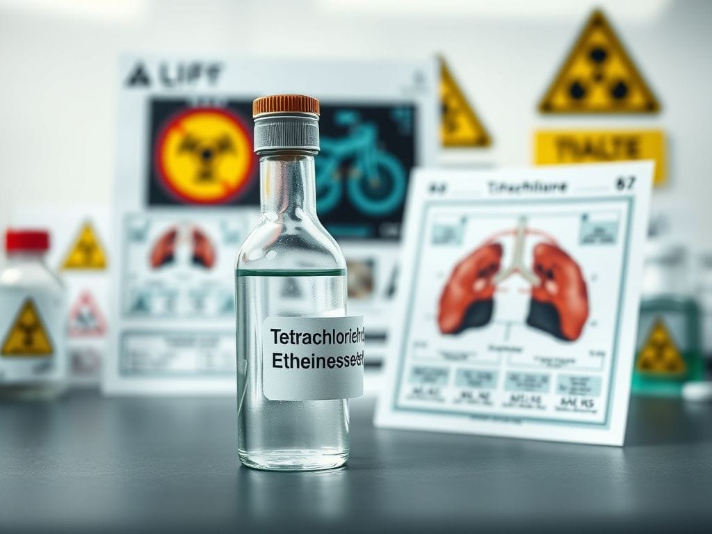 Flick International Close-up of a glass vial containing Tetrachloroethylene next to medical charts