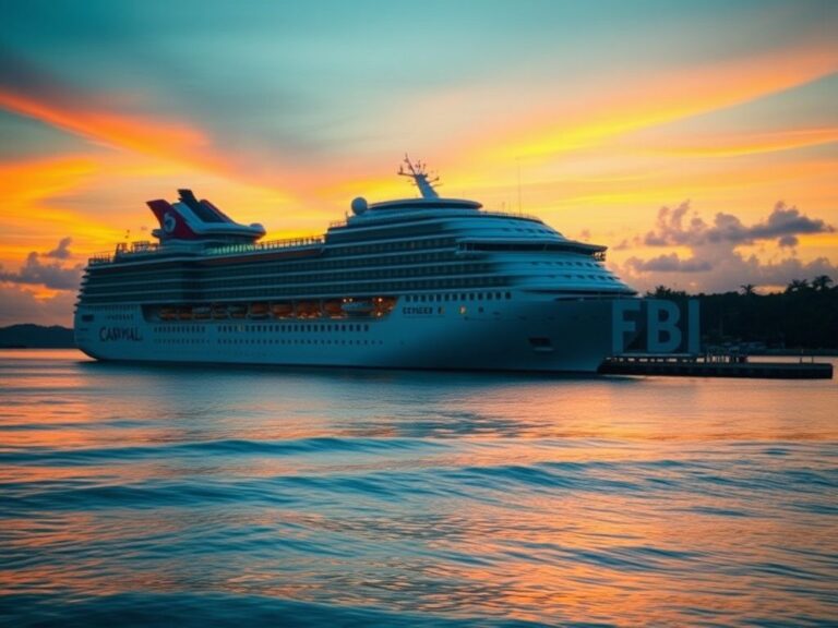 Flick International A serene sunset view of the Carnival Horizon cruise ship docked, reflecting soft oranges and pinks on calm turquoise waters.