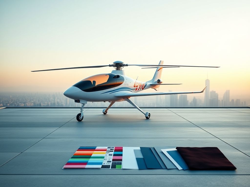 Flick International A sleek, hybrid-electric aircraft on a rooftop helipad with a futuristic city skyline in the background.