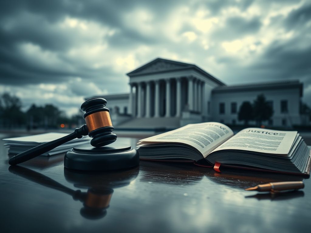Flick International A courtroom setting with a gavel, legal documents, and the U.S. Supreme Court building in the background.