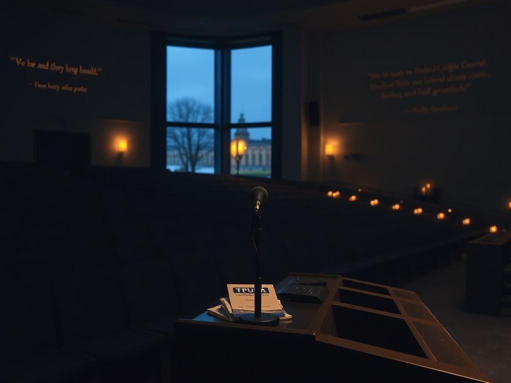 Flick International Empty university lecture hall with a microphone at a podium symbolizing lost voice