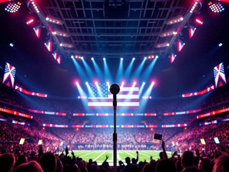 Flick International Vibrant Super Bowl halftime show scene with stage and fans