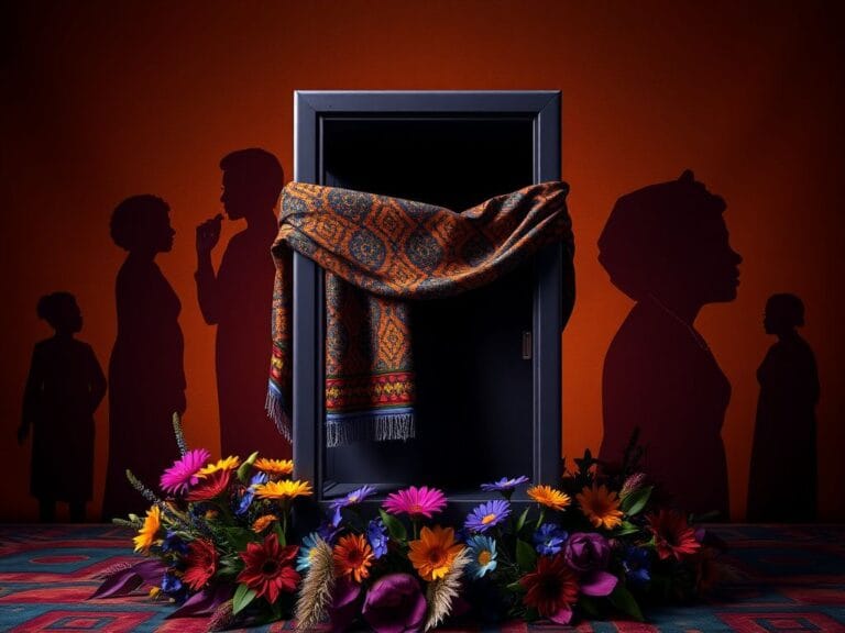 Flick International A large, empty voting booth adorned with kente cloth and bright flowers, representing the voices of Black women in politics.