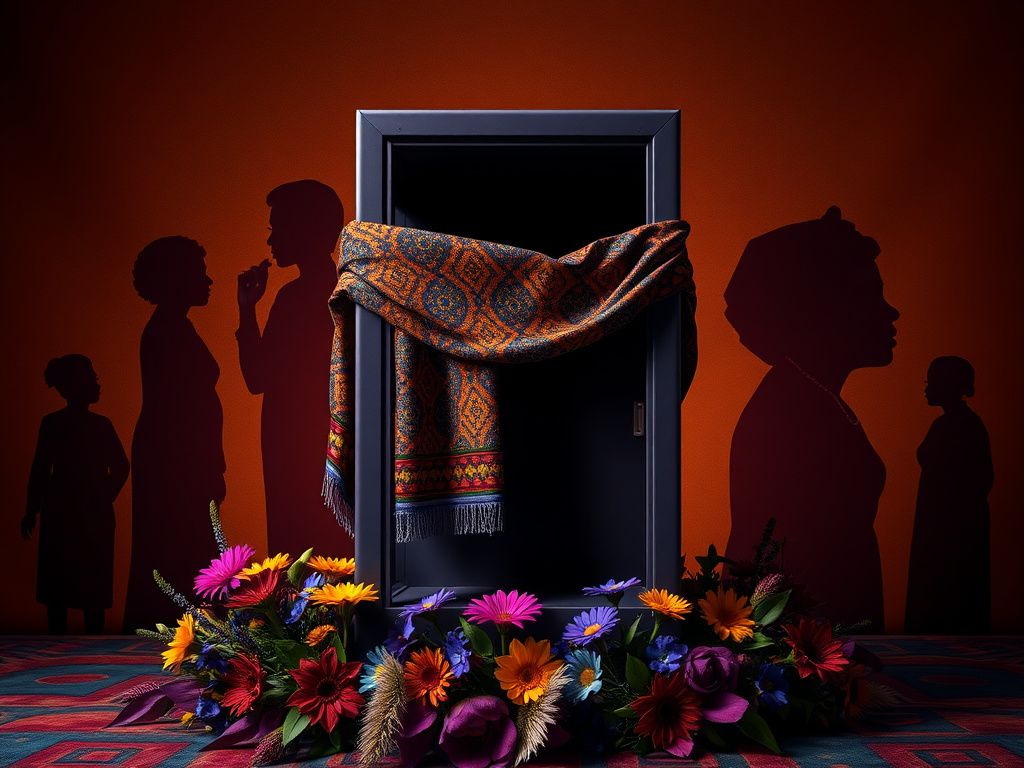 Flick International A large, empty voting booth adorned with kente cloth and bright flowers, representing the voices of Black women in politics.