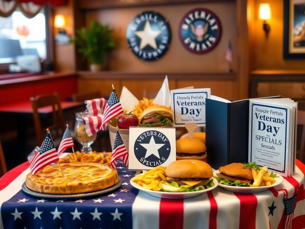 Flick International Festive table set for Veterans Day with patriotic decorations and delicious foods