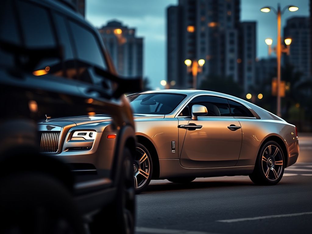 Flick International Luxurious silver 2017 Rolls-Royce Wraith parked with a dark SUV looming in the foreground