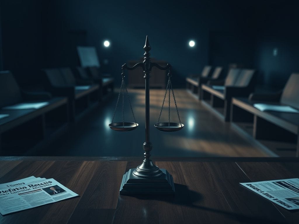 Flick International A somber courtroom scene with empty benches and a scale of justice symbolizing legal struggles