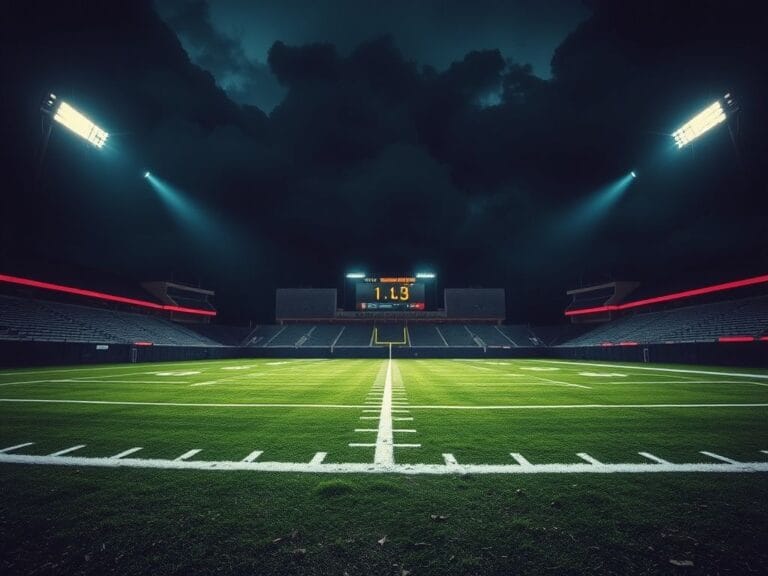 Flick International Dramatic nighttime football stadium under harsh lights with a worn-down playing field