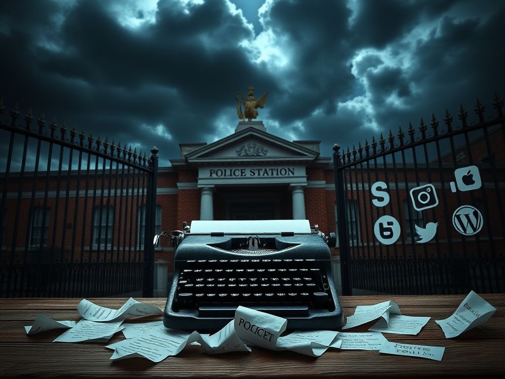 Flick International Dramatic representation of a British police station under dark clouds, symbolizing suppression of free speech.