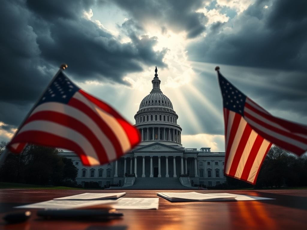Flick International Close-up of the United States Capitol building with dramatic sky and American flags