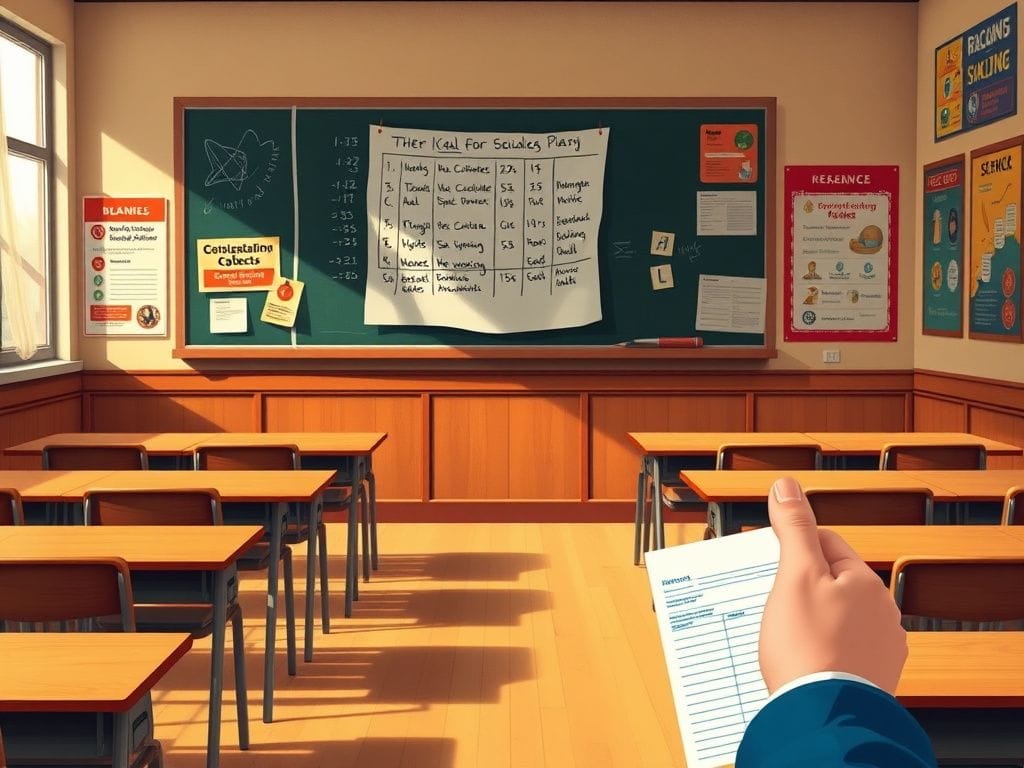 Flick International Conceptual illustration of an empty classroom symbolizing learning devoid of students, with a chalkboard displaying political slogans and educational posters.