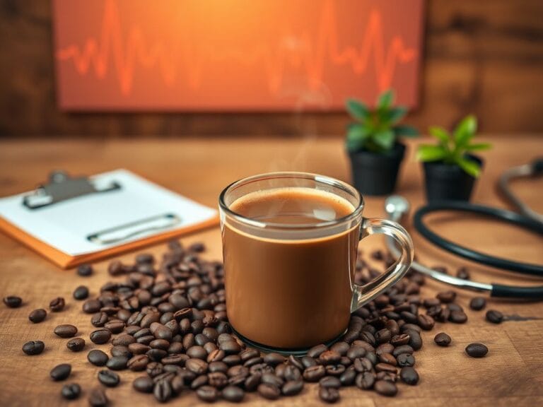 Flick International A steaming cup of freshly brewed coffee beside scattered coffee beans and a heart monitor