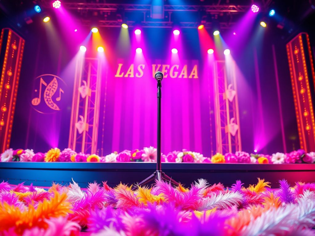 Flick International Colorful stage scene from Kelly Clarkson's Las Vegas residency featuring vibrant spotlights and a microphone stand