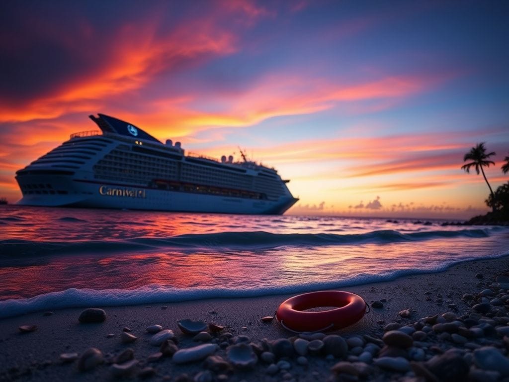 Flick International Sunset view of Carnival Horizon cruise ship docked at Miami port with serene ocean waves