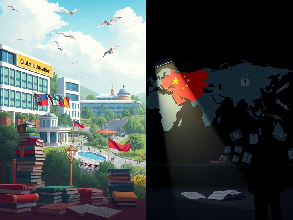 Flick International A split scene contrasting a vibrant university campus with a darkened room symbolizing espionage and surveillance