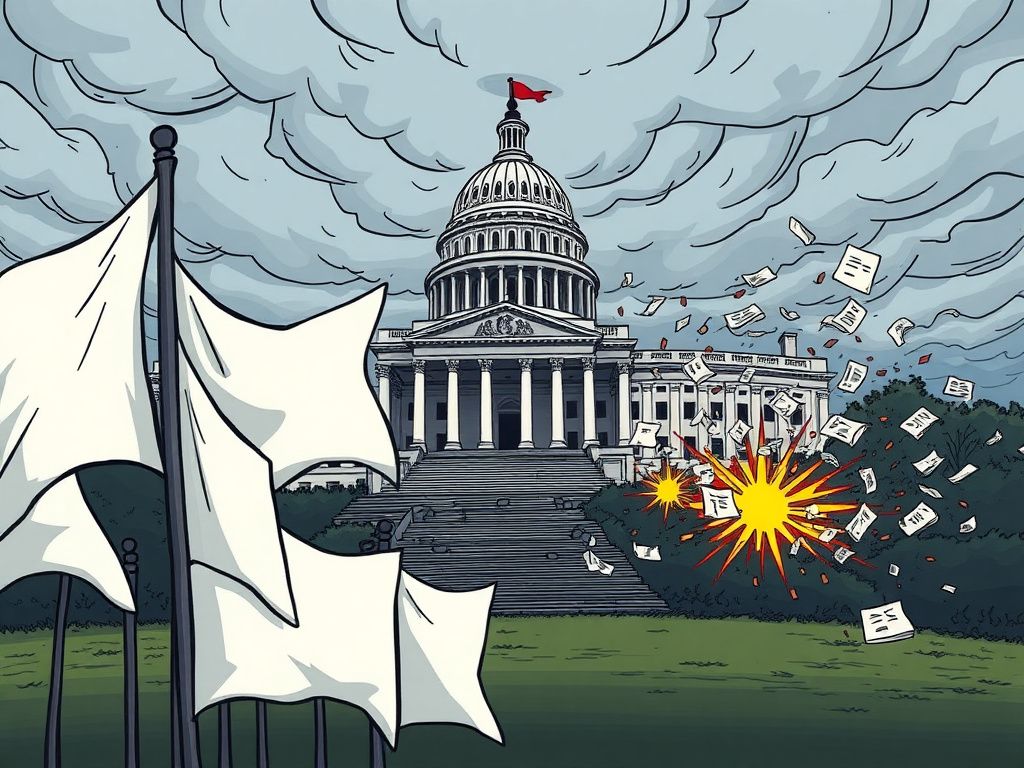 Flick International Illustration of a crumbling Capitol Hill under a stormy sky, symbolizing political turmoil and governmental challenges.