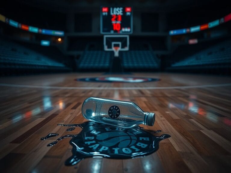 Flick International Close-up of a water bottle lying on a hardwood basketball court with splashes of water around it