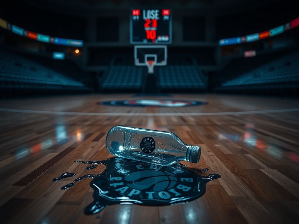Flick International Close-up of a water bottle lying on a hardwood basketball court with splashes of water around it