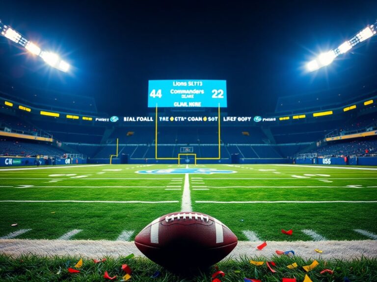Flick International Empty football field with Detroit Lions logo and football after touchdown celebration