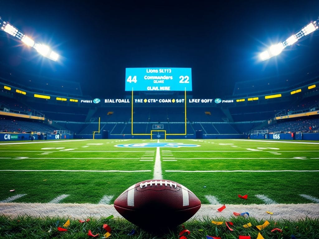 Flick International Empty football field with Detroit Lions logo and football after touchdown celebration