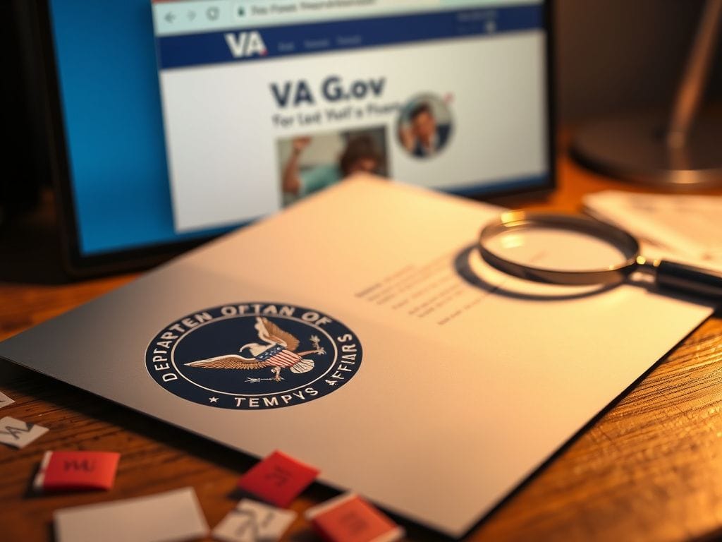 Flick International Close-up of an official Department of Veterans Affairs letter on a wooden desk with warning signs.